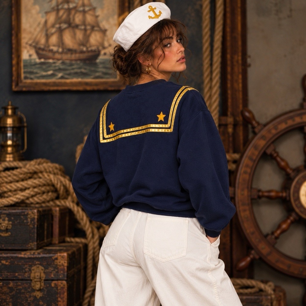 Vtg 1980s HALLOWEEN COSTUME XL Navy Blue Sailor Nautical Sweatshirt Crewneck - Picture 6 of 16